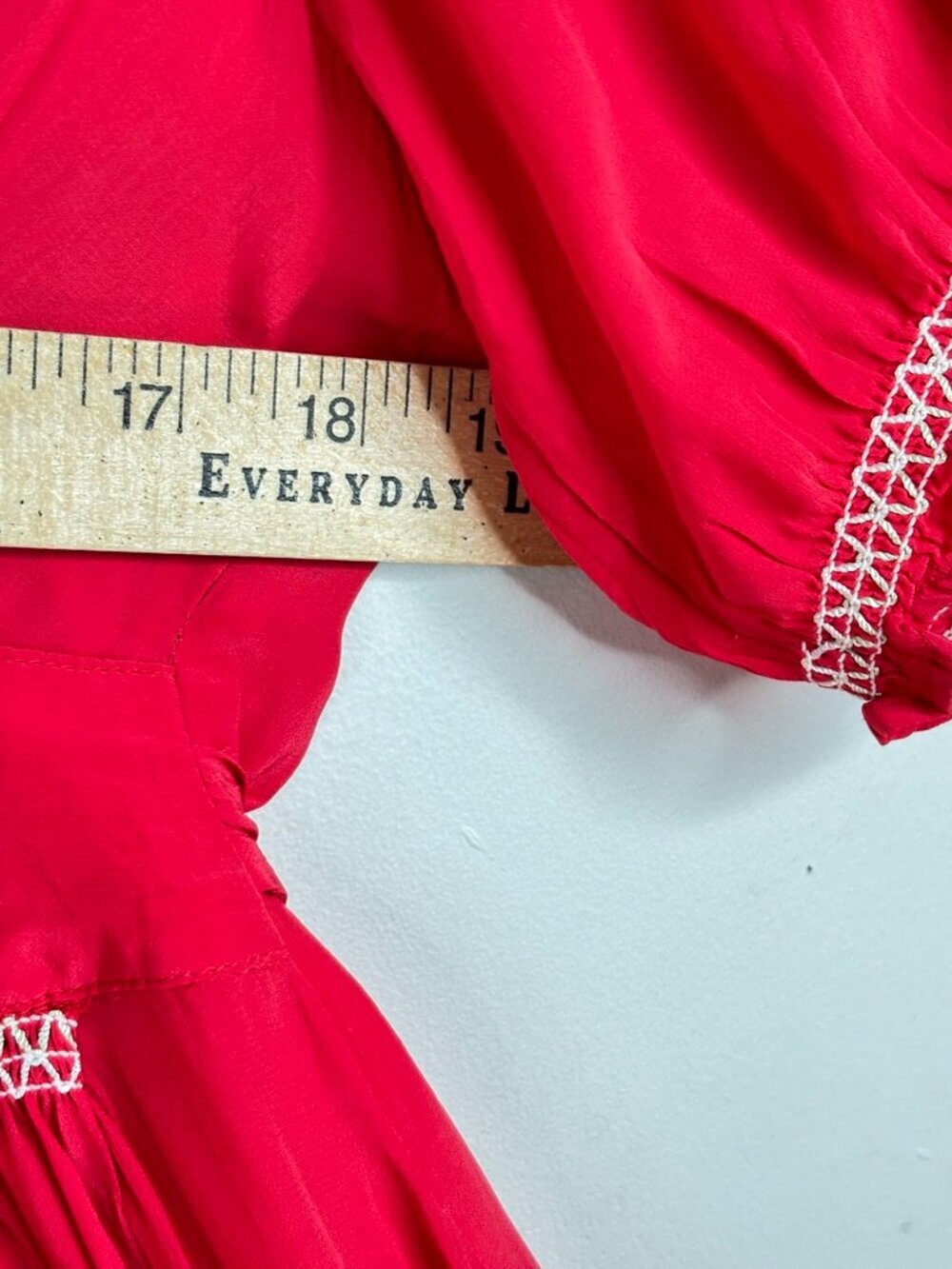 J.Crew Smocked Midi Dress 8 Crepe de Chine Red Peasant Prairie Milkmaid Preppy - Picture 12 of 13